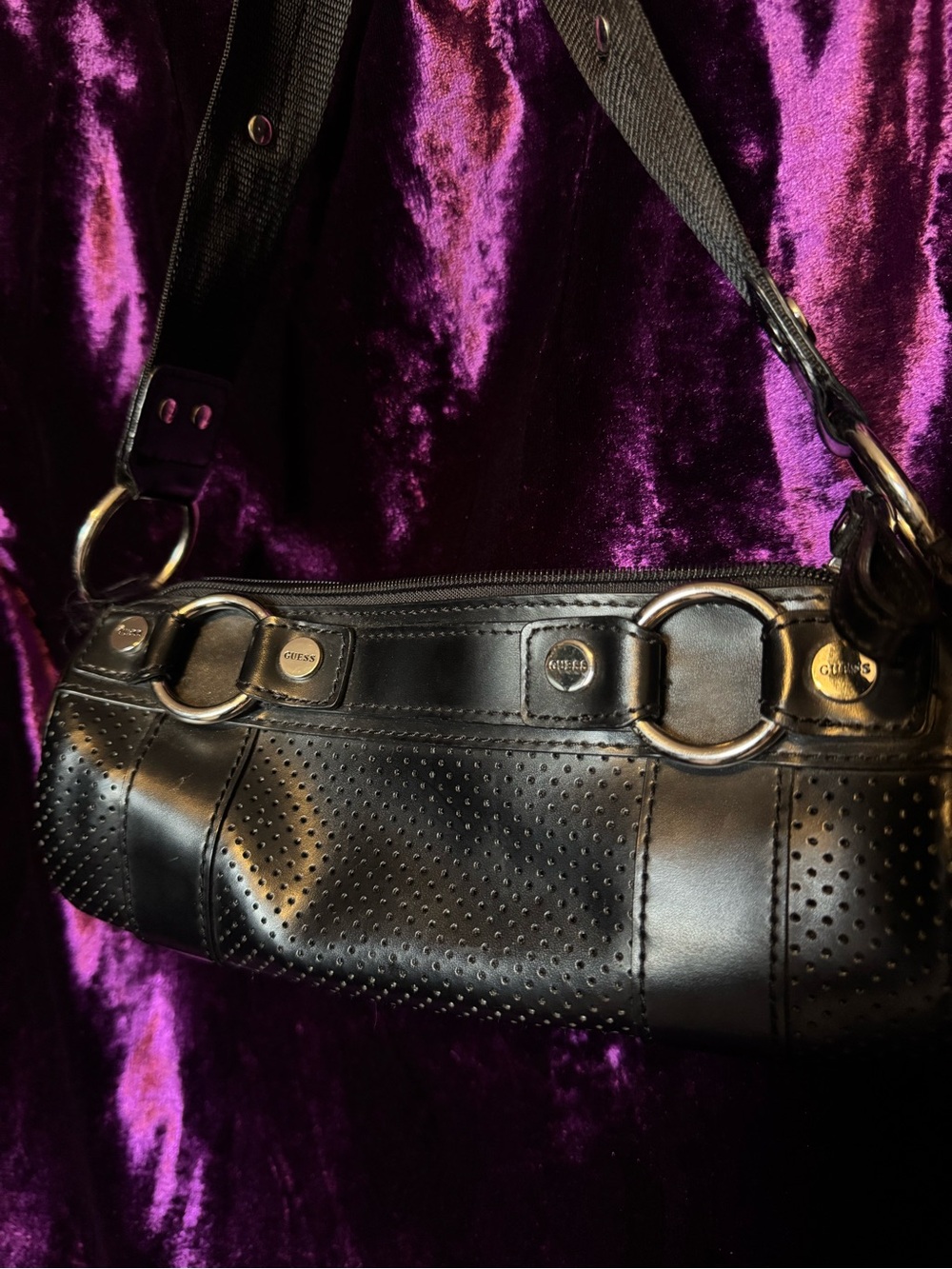 Vintage GUESS Black Perforated Leather Like Shoulder Bag with Silver Rings